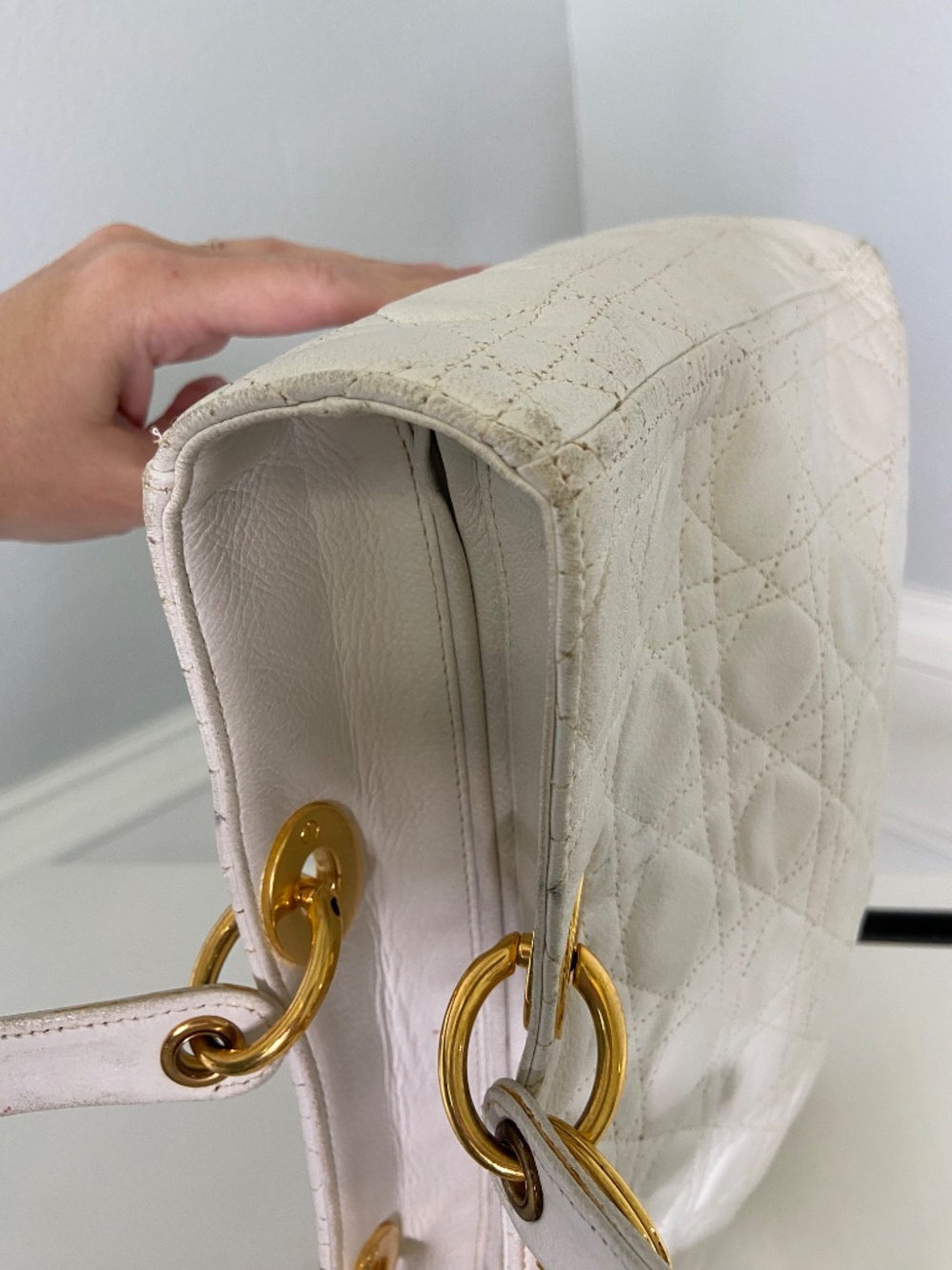 Authentic Dior White Lambskin Lady Dior Handbag Quilted Cannage Gold Hardware - Picture 13 of 16